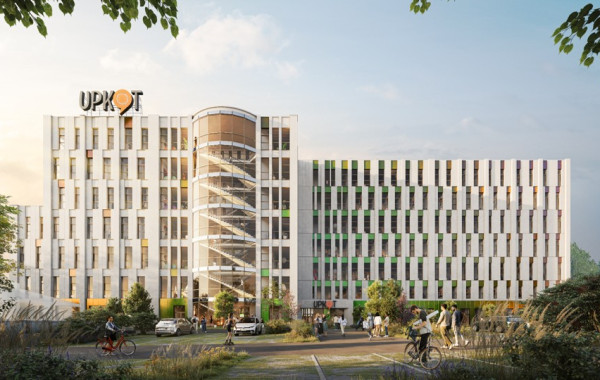 Vooraanzicht van Do Upkot gebouw – duurzaam studentenhuisvesting project van Upgrade Estate.