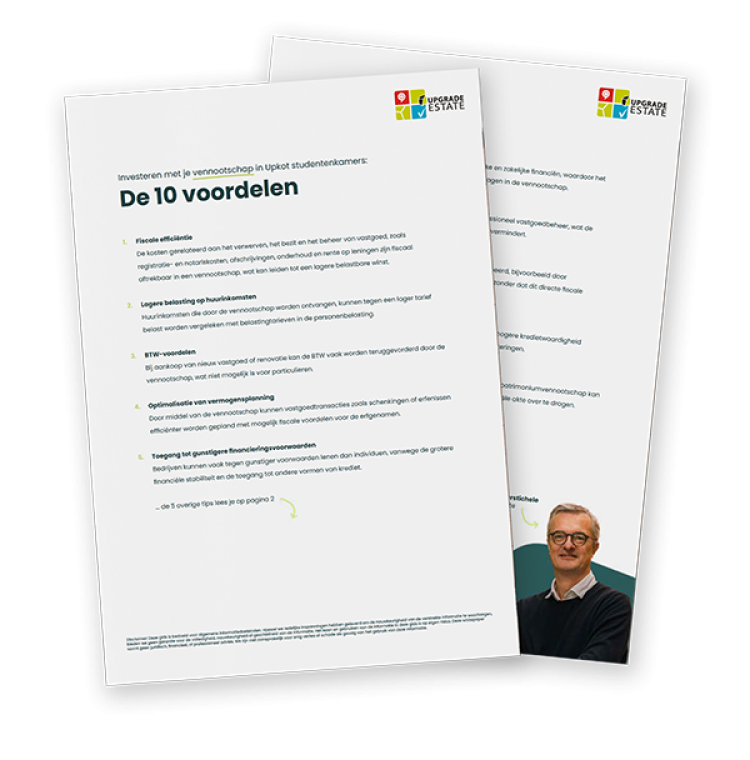 Brochure van Upgrade Estate met 10 voordelen om te investeren in een studentenkamer met je vennootschap