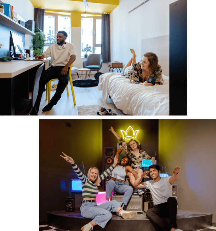 Foto's van kwalitatieve Upkot studentenkamers met studenten. 