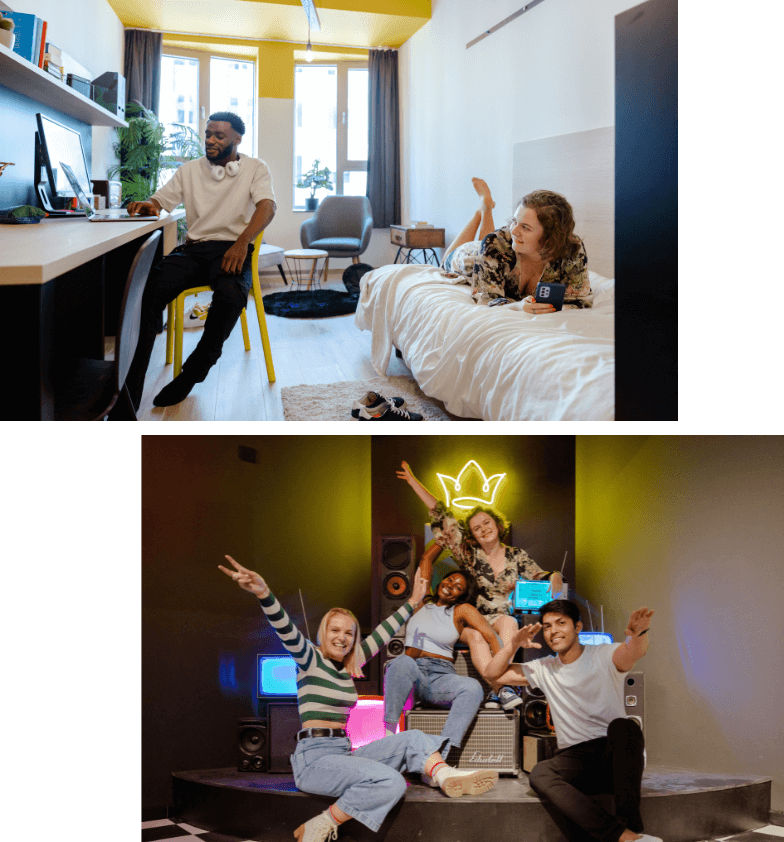 Foto's van kwalitatieve Upkot studentenkamers met studenten. 